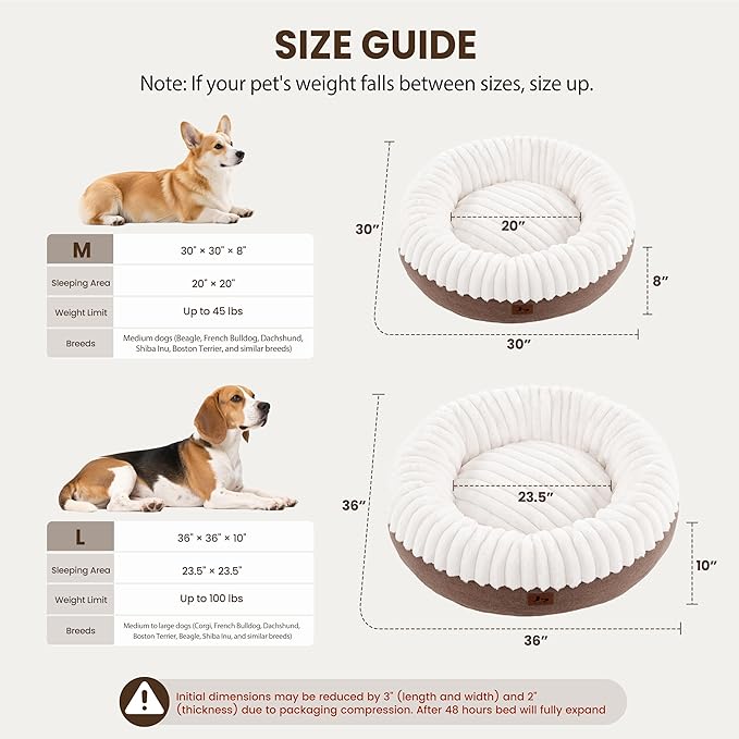 Donut Dog Bed Medium Size Dog 36 Inch, Round Cat Beds for Small Medium Dogs and Cats with Washable Fluffy Faux Fur, Cute Comfort Pet Bed with Anti-Slip Bottom, Cream