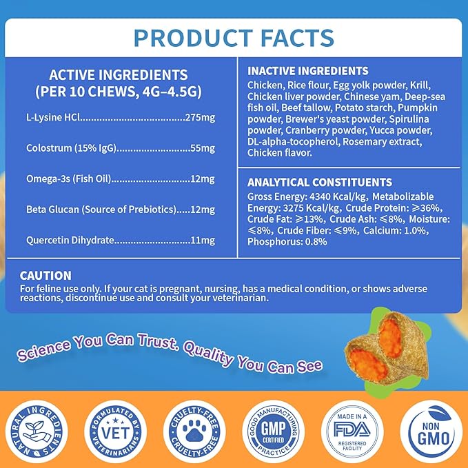 L-Lysine Chews for Cats 500 Chews, Immune & Respiratory Support Crunchy Shell with Krill Core, with Colostrum & Omega-3s for Sneezing and Runny Nose, Chicken Flavor, for All Ages & Breeds Cats