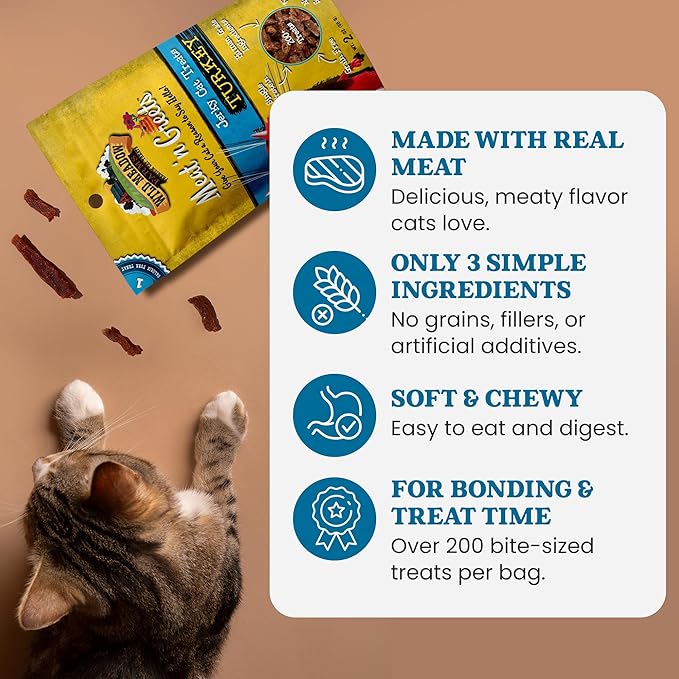 Wild Meadow Farms - Cat Treats - Meat 'N Greets - Soft Jerky Treats with Real Meat, High Protein, Grain-Free, Perfect for Training & Rewarding, All Natural Snacks for Cats - Turkey Flavor