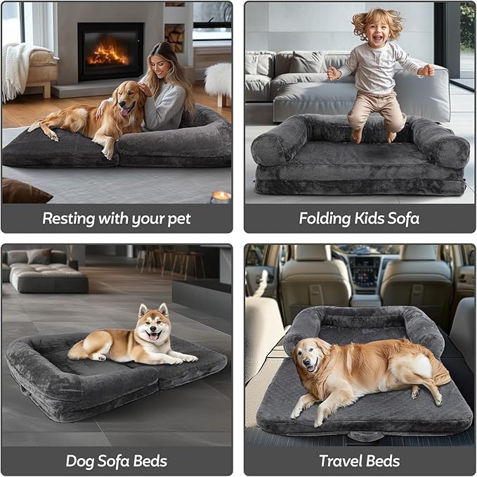 Foldable Human Dog Bed,Orthopedic Memory Foam Human Sized Dog Bed,2 in 1 Calming Human Size with Egg Foam Supportive Mat and Waterproof Liner,Storage Pocket (75”x45”x10”)