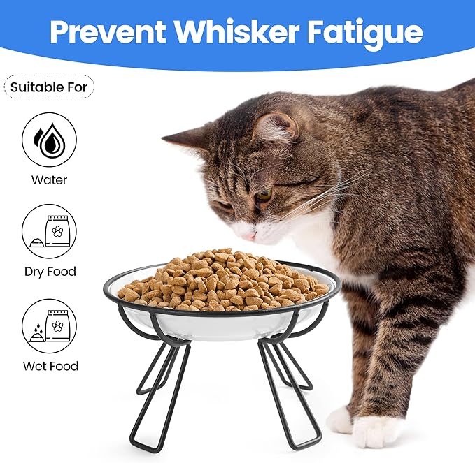Ceramic Elevated Cat Bowls - Whisker Friendly, Anti-Vomiting, Stylish & Hygienic Cat Bowl Set (Line Cat, 2 Pack)
