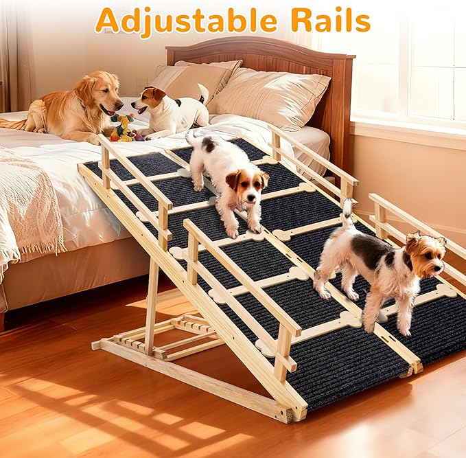 COSIEST Dog ramp for Bed and Couch, Wooden Pet Ramp Folding Portable for Couch and Bed, 64.5 Inch Long and Height Adjustable Dog ramp with Anti-Slip Grip & Safety Rails, Up to 200lbs, Wood