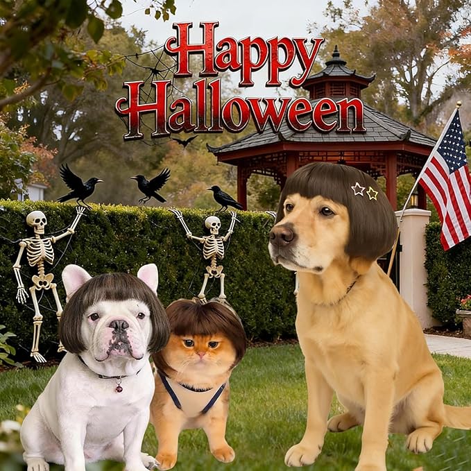 Popular Human-Style Hair Wigs Funny Pet Wig – DIY Haircut & Adjustable Fit – Cat & Dog Costume for Halloween, Party, Photo Shoots – Fits 5kg-50kg Pets