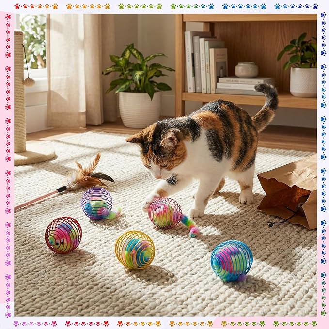 Jecery 5 Pcs Cat Spring Balls Toys Stretchable Rolling Balls Colorful Playful Coils Interactive Action Toy Caged Rats for Kitten Pet Supplies (Monster,Rainbow Color)