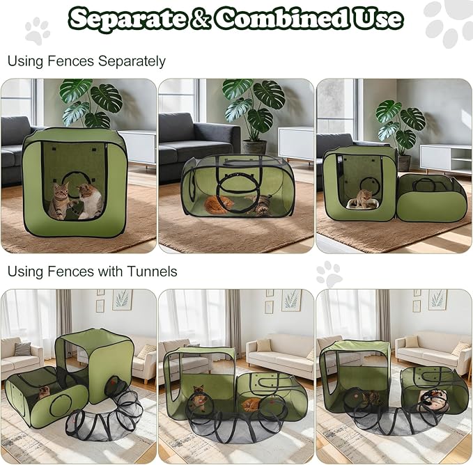 Cat Playpen, 3-in-1 Pop-up Outdoor Cat Enclosure with 2 Rooms 1 Tunnel, Breathable Pet Playpen for Indoor Outdoor Use, Portable Catio Tent with Carry Bag for Kitten Rabbit Small Animals, Green