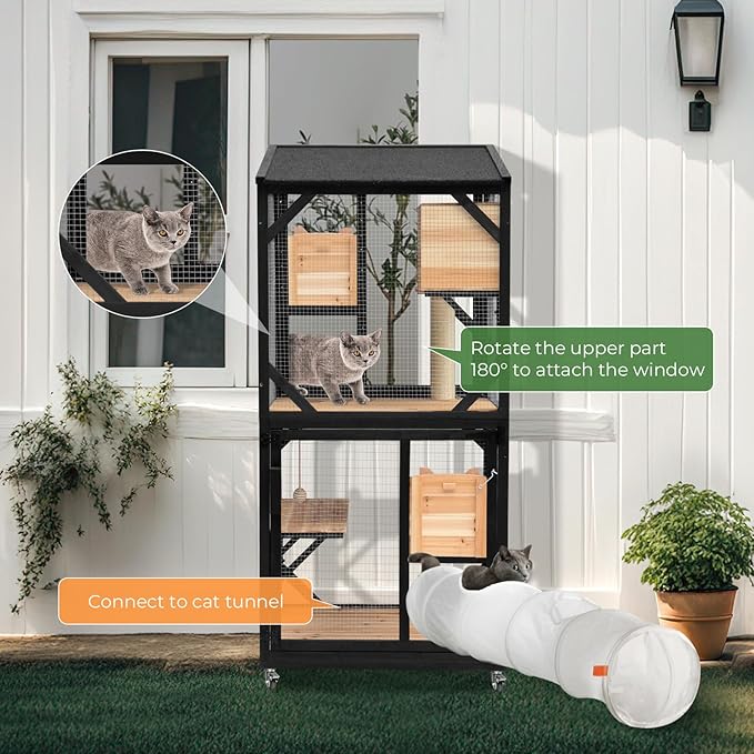 Large Cat House 4 Tiers Outdoor Catio with Removable Platforms Catio Outdoor Enclosure Window Access with Weatherproof Asphalt Roof Indoor Catio with Wheels