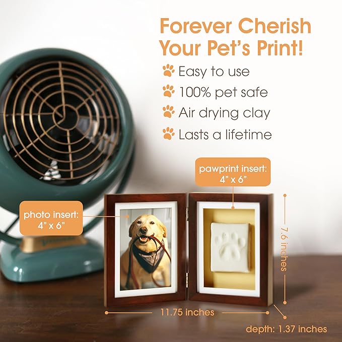 Pearhead Pet Paw Print Memorial Frame with Clay Imprint Kit, Dog & Cat Pawprint Keepsake Wood Photo Frame, DIY No Bake Paw Print Kit, 4x6 Picture Display, Espresso Brown