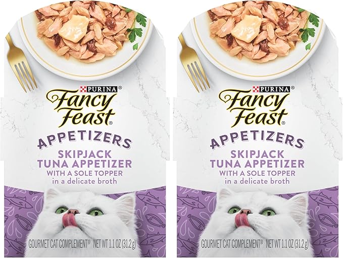 Fancy Feast Purina Appetizers Lickable Grain Free Wet Cat Food Topper Skipjack Tuna Appetizer with Sole - 1.1 oz. Trays,(Pack of 20)
