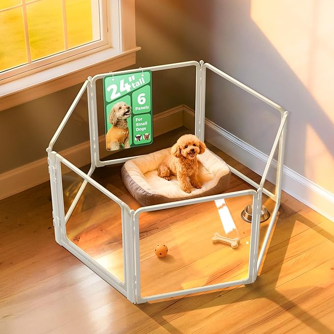 FXW AuraSpace Pro Metal & Acrylic Indoor Dog Playpen, All-Acrylic Clear Heavy-Duty Design, 24" Height 6 Panels for Puppies & Small Dogs, White│Patented