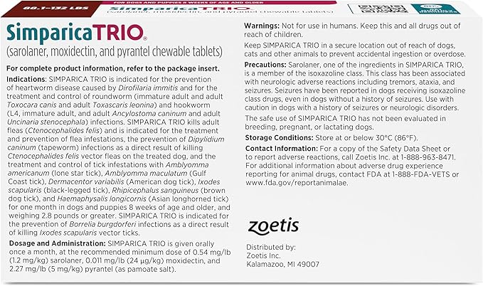 Simparica Trio (sarolaner, moxidectin, and pyrantel chewable Tablets) Chewables for Dogs, 72 mg/tab, 88.1-132 lbs, (Brown), 1 Tablet