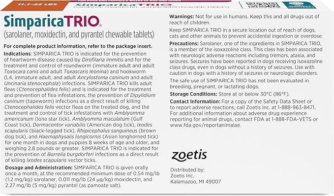 Simparica Trio (sarolaner, moxidectin, and pyrantel chewable Tablets) Chewables for Dogs, 12 mg/tab, 11.1-22 lbs, (Caramel), 6 Tablets