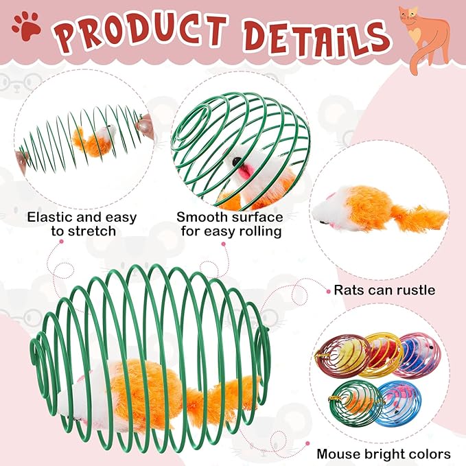 Jecery 5 Pcs Cat Spring Balls Toys Stretchable Rolling Balls Colorful Playful Coils Interactive Action Toy Caged Rats for Kitten Pet Supplies (Mouse,Bright Color)