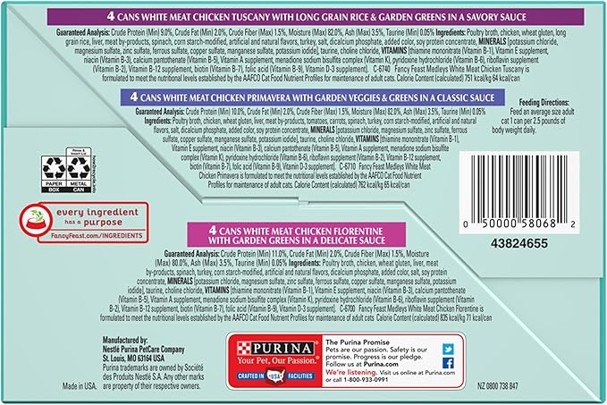 Purina Fancy Feast Wet Cat Food Variety Pack, Medleys White Meat Chicken in Sauce Collection - (Pack of 12) 3 oz. Cans