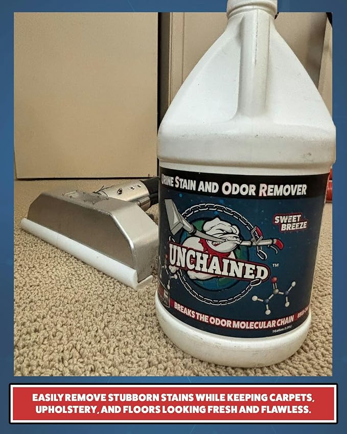 Unchained Urine Stain & Odor Remover – Cleaner for Dog & Cat, Pet Odor Eliminator on Carpet & Furniture, Industrial Strength Urine & Feces Neutralizer, Sweet Breeze – 1Gallon