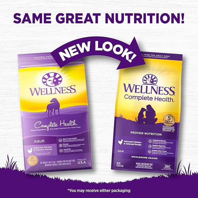 Wellness Complete Health Adult Dry Dog Food, Wholesome Grain Kibble, Natural, Chicken and Oatmeal Recipe, 5 lb Bag