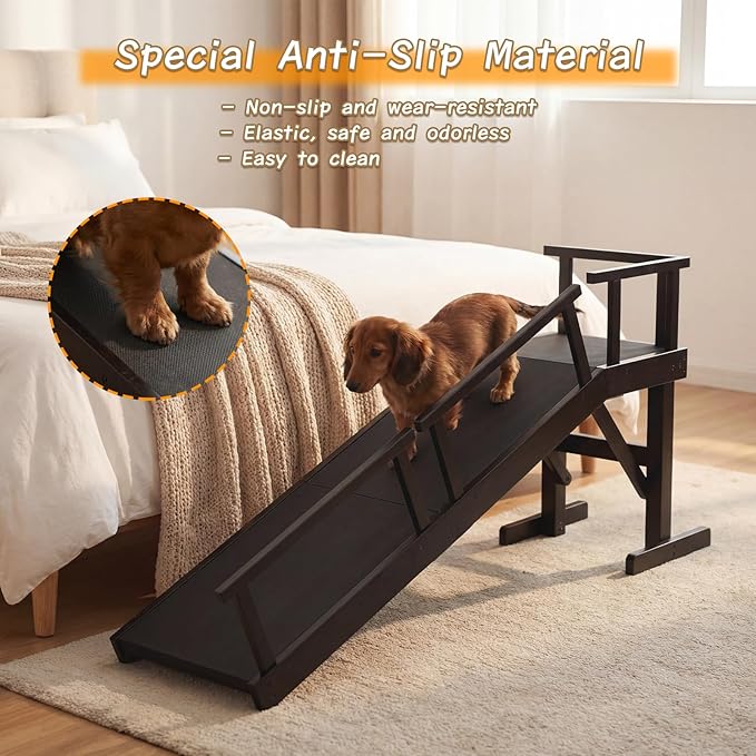 61" Dog Ramp for Bed,Birchwood Pet Ramp with Removable Side Rail and Non-Slip Surface, Pet Ramp for Small & Large Dogs with Rest Platform and DIY Glow Strips,Dog Stairs for Couch, Black