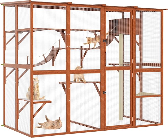 Large Walk-in Catio Wooden cat Houses for Multiple Outdoor Cats, Outdoor cat Enclosure with 4 Bridges & Transparent PVC Roof & sisal Scratcher, Kitty cat Condo Shelters (Orange)