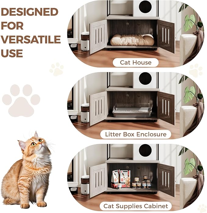 Cat Litter Box Enclosures with Storage Rack, Enclosed Litter Box Furniture, Hammock, Sisal Balls and Cat Scratching Mat
