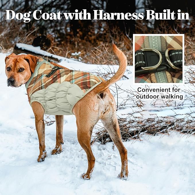 Lelepet Warm Dog Winter Coat Dog Coats for Large Dogs Waterproof Dogs Jacket with Harness Built in Reflective Cold Weather Coats Windproof Zip-Up Winter Fleece Vest Snowsuit Pitbull Brown Plaid XXL