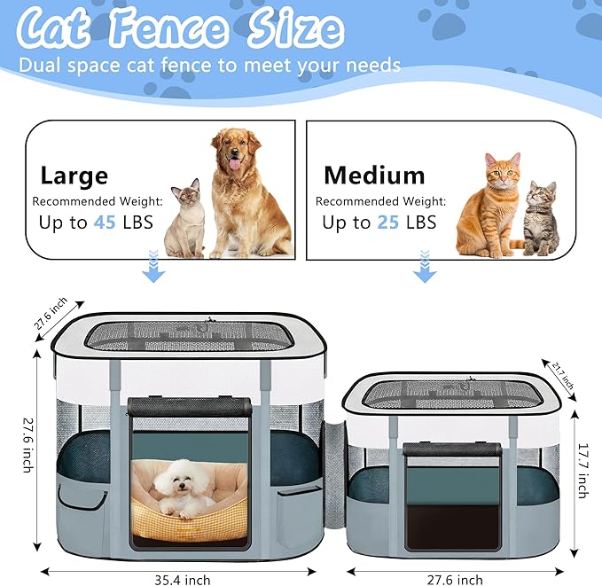 Portable Cat Playpen with Separate Areas, 2-in-1 Puppy Playpen & Cats Cage, Foldable Pet Tent for Indoor and Outdoor Use, Collapsible Tent Kennel Cage House(35.4"x27.6"x27.6", White & Grey)