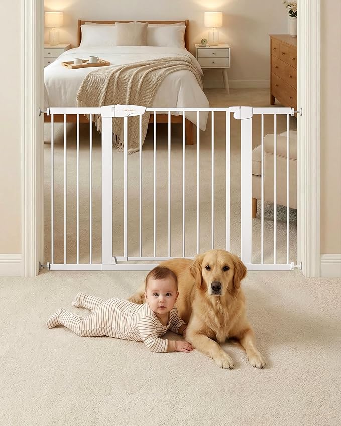 Baby Gate for Stairs, 29.92-48” Wide Pressure Mounted Baby Gate No Drill Needed, Auto Close Dog Gate for Doorways, Easy Walk Through Safety Child Gates for Toddler & Pet/Puppy, Indoor, White