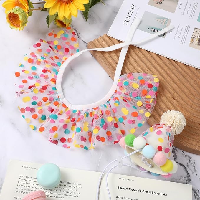 Cat Birthday Hat Outfit Bandana Scarf, Party Hat Dog Costumes Cute Lace Puppy Bib Scarf Party Decorations Set for Small Medium Cats & Doggy