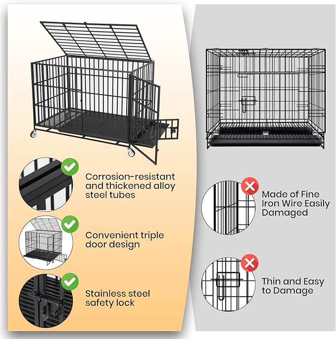 49 Inch Heavy Duty Dog Crate with Wheels, Escape Proof Metal Kennel with 3 Doors & Removable Tray for Large Medium Dogs, Black