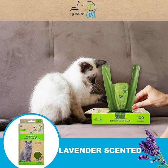 Greenbone Biobase Cat Litter Bags Lavendar Scented Tie-Handle Litter Box Bags - 100 Pet Waste Bags - Large 14 Inch x 7.5 Inch