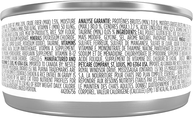 Purina Pro Plan Complete Essentials High Protein Cat Food Wet Gravy,Chicken and Rice Entree - 5.5 Oz. Pull-Top Cans,(Pack of 48)