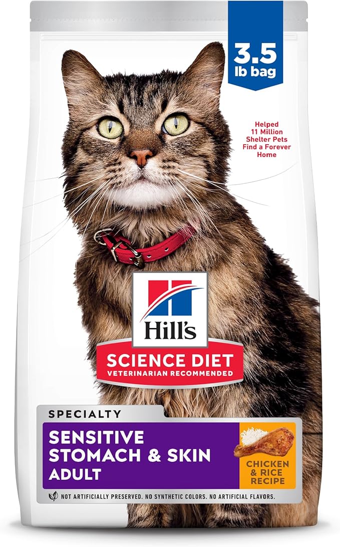 Hill's Science Diet Adult 1-6 Sensitive Stomach & Skin Dry Cat Food, Chicken & Rice, 3.5 lb. Bag (Updated Formula)