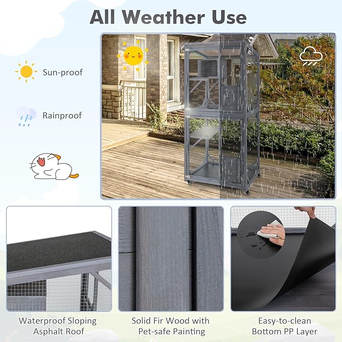 Tangkula Catio Outdoor Cat Enclosure, 72 Inch Wooden Cat House on Wheels with Resting Box, 2 Platforms & Weatherproof Asphalt Roof, Large Kitty Cat Condo Cage Playpen with Enter Doors & PP Layer