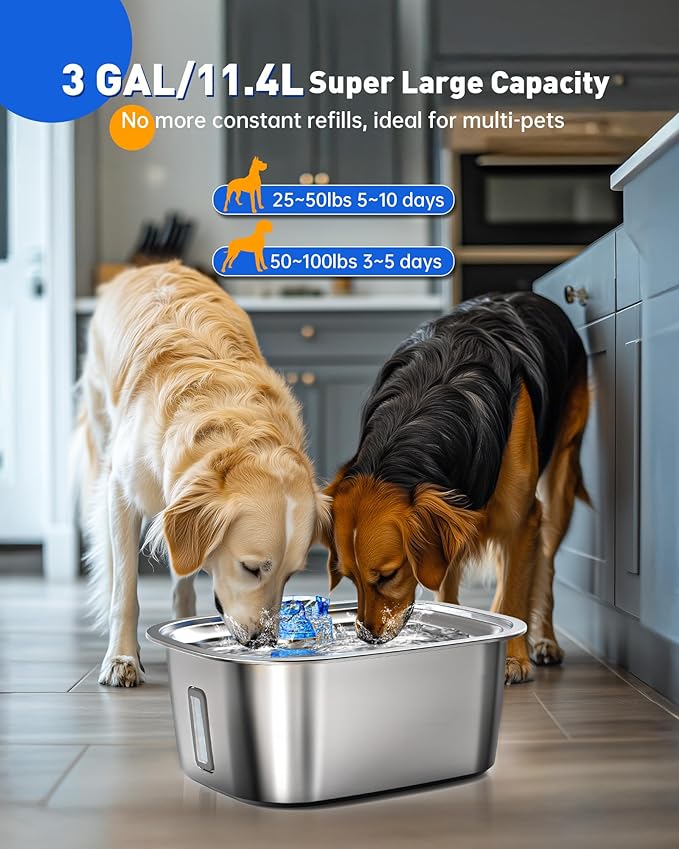 PETNF 3-Gallon Stainless Steel Dog Water Fountain for Large Dogs, Dog Water Bowl Dispenser with 2 Filters, Visible Water Window, Quiet Pump & LED Low-Water Indicator