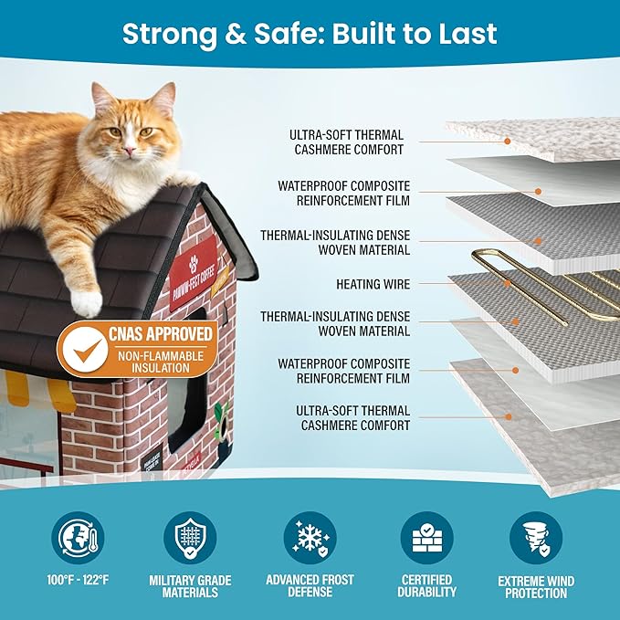 Deluxe Heated Cat House for Winter - Weatherproof, Insulated, Easy Assembly, Cat Heating Pad, Dual Escape Doors, Outdoor & Indoor Cat House - Coffee Pethouse