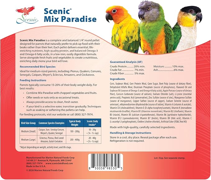 Scenic Mix Paradise Medium Parrot Food - 3.5 lb Bag - 1/4" Bird Pellets - Complete Nutrition for Sun Conures, Pionus, Senegals, Caiques & More