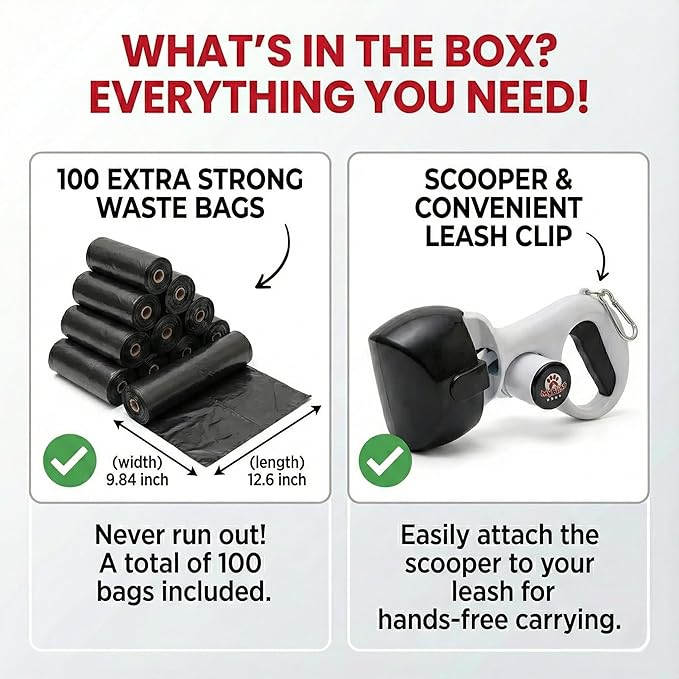 Portable Dog Pooper Scooper Set with 100 Leak-Proof Bags & Leash Clip – 3-in-1 Handheld Pet Waste Remover for Small & Medium Dogs – Lightweight, One-Handed Pickup – Sanitary & No-Mess Cleanup