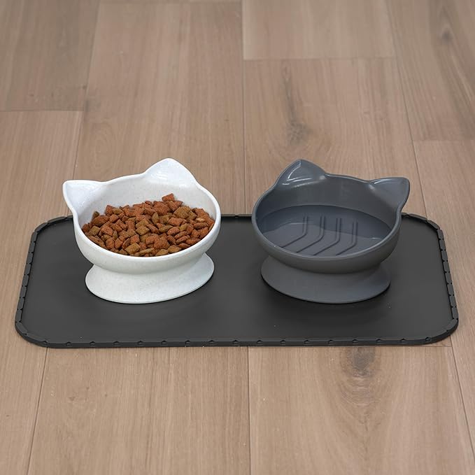 Kitty City Elevated Slow Feeder Cat Bowls (Set of 2), Whisker-Friendly Raised Cat Food Dishes with Ridges, Helps Reduce Fast Eating & Digestion Issues, Dishwasher Safe, 10.8 oz – White & Gray