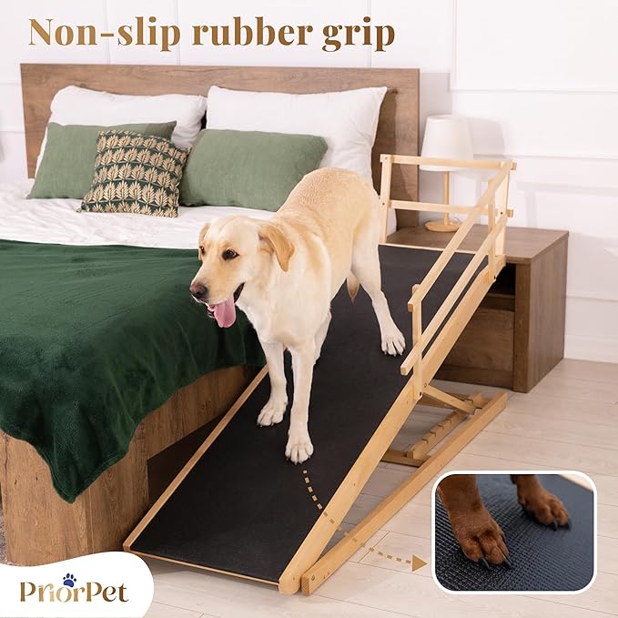 Dog Ramp for Bed with Safety Rails for High Beds up to 37" – Extra Wide 19.5" Adjustable Dog Bed Ramp for Large Dogs up to 200 lbs – Solid Birchwood, Non-Slip Rubber Surface, Foldable Design – Natural
