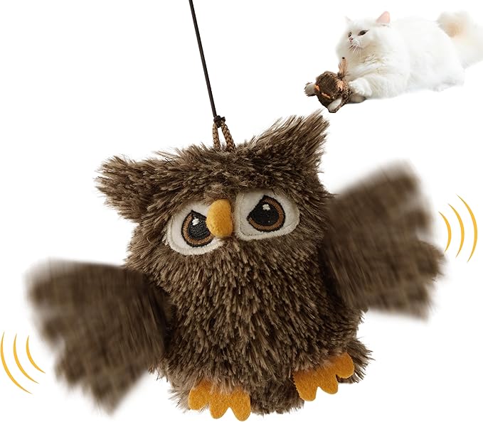 Flappy Bird Cat Toy, Interactive Flapping Chirping Bird Cat Toy with Catnip Bag for Indoor Bored Alone Kitten, Automatic Rechargeable Touch Activated Owl Kitty Toy (No Flying), Brown