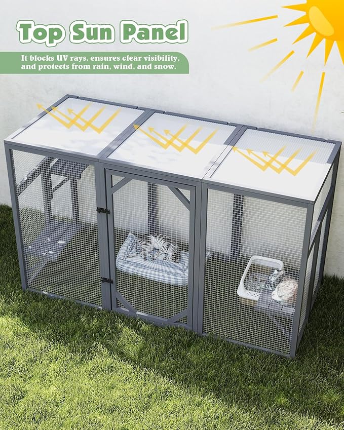 Outdoor Cat House, 71" Catio Outdoor Cat Enclosure, Large Cat Patio Enclosure for Multiple Cats, Weatherproof Cattio for Cats Outside, Wood Frame, Easy Assembly for Backyard, Grey