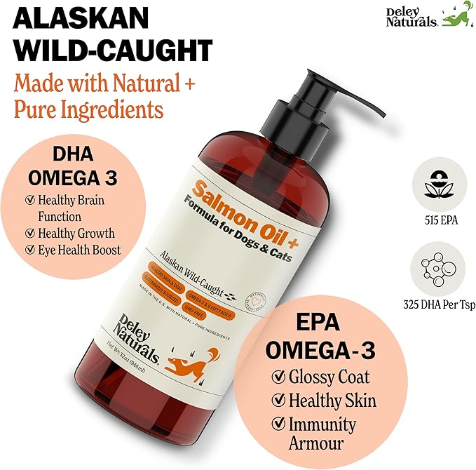 Deley Naturals Wild Alaskan Salmon Oil for Dogs & Cats - New and Improved Salmon Oil Plus Formula - Fish Oil for Dogs with Omega 3, DHA and EPA - Omega 3 for Healthy Skin and Coat - 32oz Made in USA