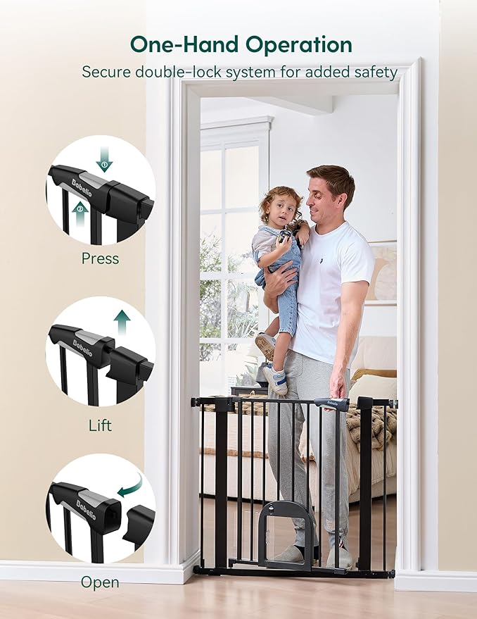 Babelio Upgraded Baby Gate with Cat Door, 29-43" Auto Close Durable Dog Gate for Stairs, Doorways and House, Easy Walk Thru Safety Gate with Pet Door Includes 4 Wall Cups, Black