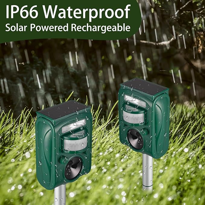 Solar Ultrasonic Animal Repellent Outdoor, Squirrel Deer Repellent Devices Motion Detection,IP65 Waterproof Cat Mouse Raccoon Dog Bird Repellent Deterrent 2 Pack