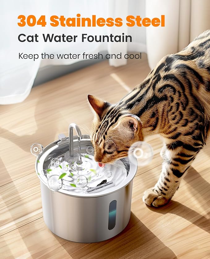 oneisall Stainless Steel Cat Water Fountain, 2L Water Fountains for Cats Indoor with Quiet Pump and 3 Replacement Filters, Pet Water Fountain Faucet Spout Design Cat Fountain Drinking Inside, PWF 001