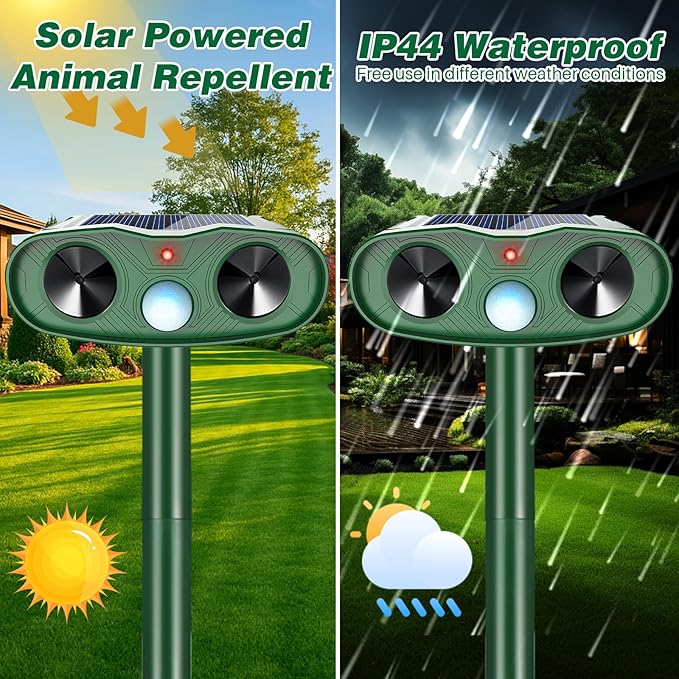 2025 Solar Ultrasonic Animal Repellent Sonic Fortress Pro Raccoon Repellent Cat Repeller Deer Deterrent with Motion Sensor to Keep Squirrel Rabbit Dog Skunk Out of Garden Yard(4Pack)