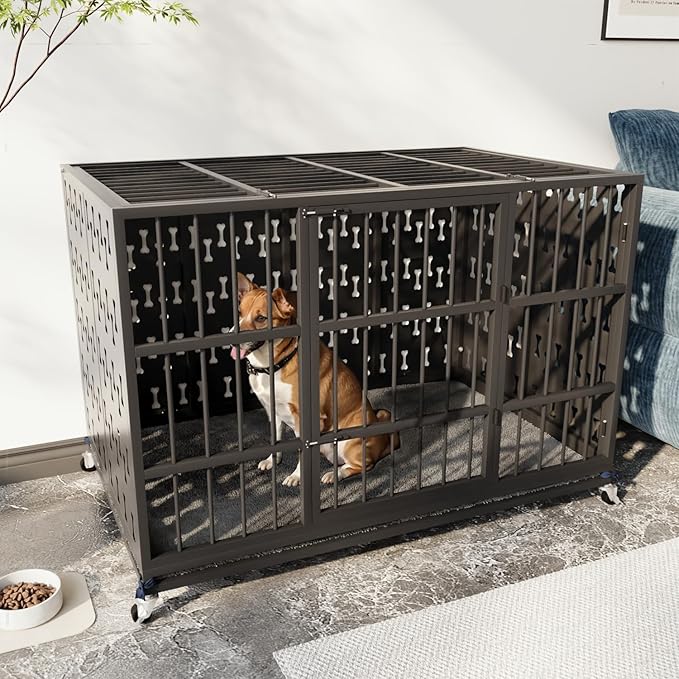 LEMBERI 48 inch Indestructible Heavy Duty Dog Crate with Cushion, High Anxiety Extra Large Dog Cage for Large Dogs, XL Steel Escape Proof Dog Kennel with Locking Wheels