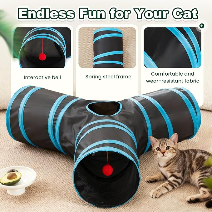 Love’s Cabin Cat Tunnel for Indoor Cats, 3-Way Collapsible Play Tunnel with Teaser Wand, Peek Holes & Toy Ball, Small Pet Toy for Kittens & Rabbits, Black & Blue, Medium Size
