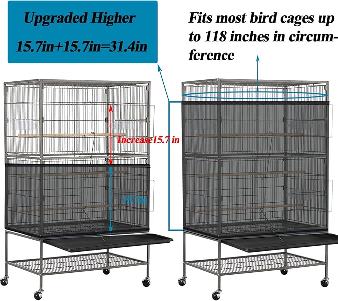 ASOCEA Large Bird Cage Seed Cather,Bird Cage Cover Adjustable Soft Airy Skirt Guard Birdcage Nylon Mesh Net for Parrot Parakeet Macaw African Round Square Cages Cover (118 * 31.5in/300 * 80cm) (Black)