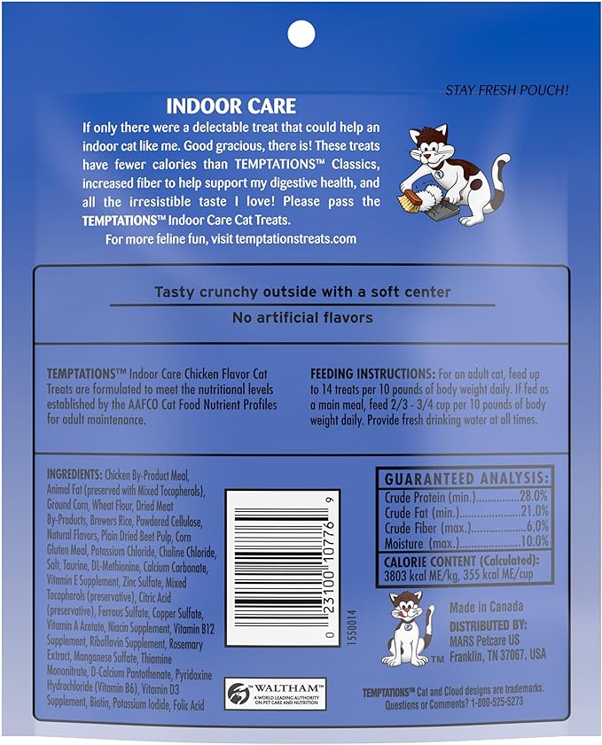 Temptations Cat Treats Indoor Care, Classic Crunchy and Soft Cat Treats, Tasty Chicken Flavor, 4.9 oz. Pouch (Pack of 10)