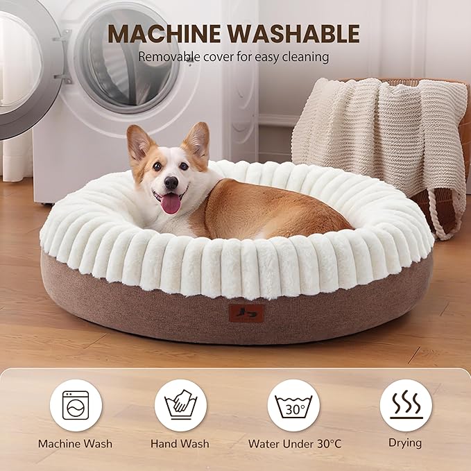 Donut Dog Bed Medium Size Dog 36 Inch, Round Cat Beds for Small Medium Dogs and Cats with Washable Fluffy Faux Fur, Cute Comfort Pet Bed with Anti-Slip Bottom, Cream