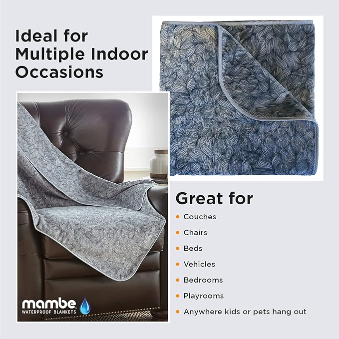 Mambe Silky Waterproof Throw for Protecting Furniture Bed Couch from Stains Caused by Dogs, Cats, Incontinence. Soft, Washable, Reversible. (Size Long/Sofa 70x120 inches, Color Serene)